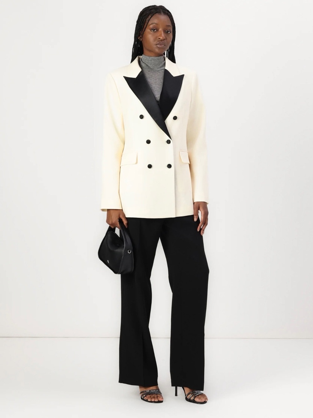 By Malina Cream Double-Breasted Blazer with Black Satin Lapel size L NWT
